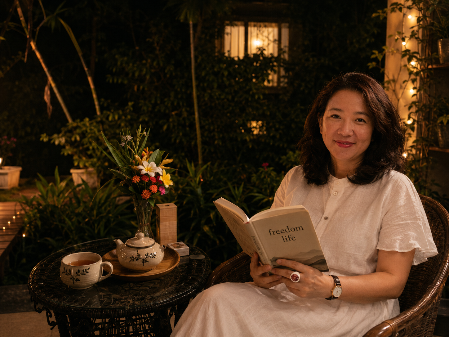 Liên Huỳnh reading on a balcony in the evening